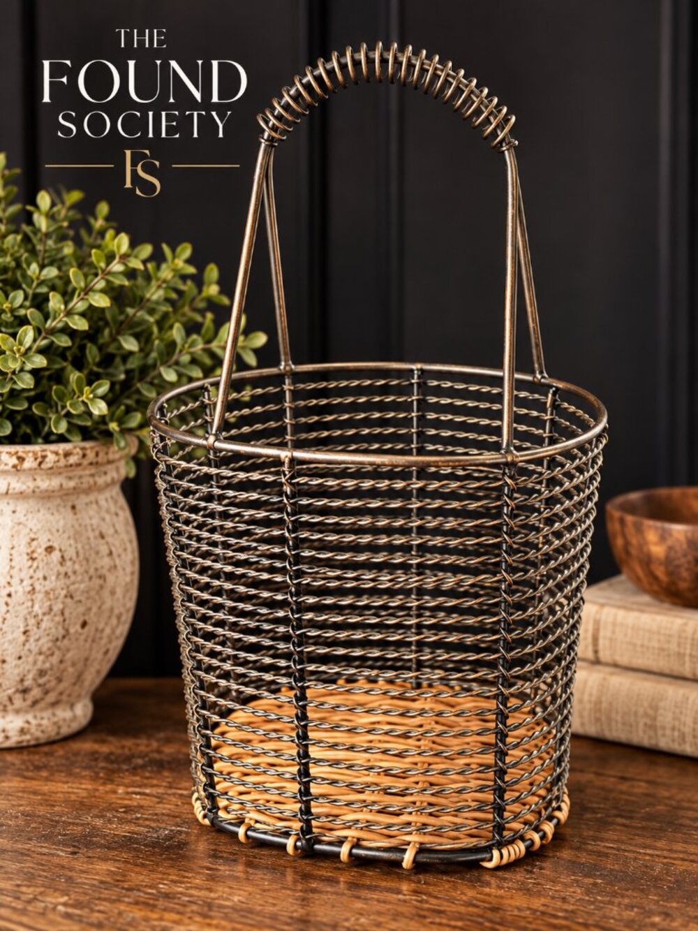 Rustic Woven Wire & Rattan Basket with Tall Handle | Farmhouse Boho Decor